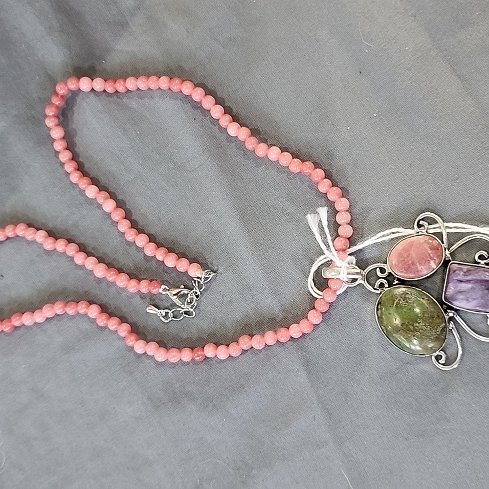Pink Rhodachrosite Beaded Necklace with Multicolor Stone Pendant
